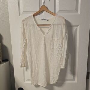 Athleta White Linen V-Neck 3/4 Sleeve Top